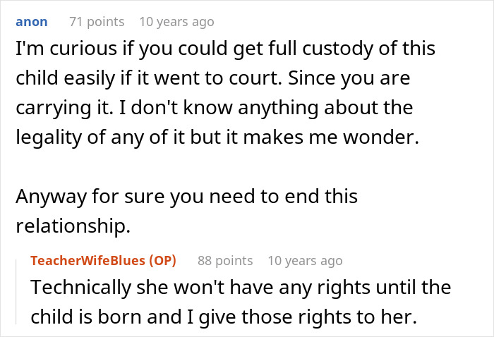 A Reddit screenshot where a user questions custody rights and ending a relationship over control of a kid's education.