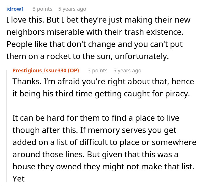 A screenshot showing comments about the rude neighbor's future housing struggles after their illegal antenna was used against them. A screenshot showing comments about the rude neighbor's future housing struggles after their illegal antenna was used against them.