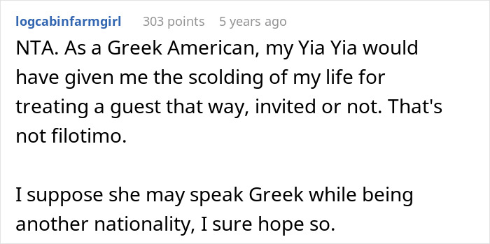 A screenshot of a Reddit comment about Greek hospitality and the host's reaction at the party.