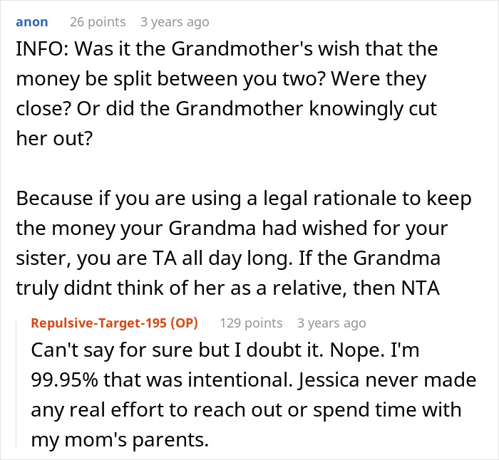 A comment asks if the grandmother intentionally cut the adopted sister from inheritance, or if the brother refuses to share. A comment asks if the grandmother intentionally cut the adopted sister from inheritance, or if the brother refuses to share.