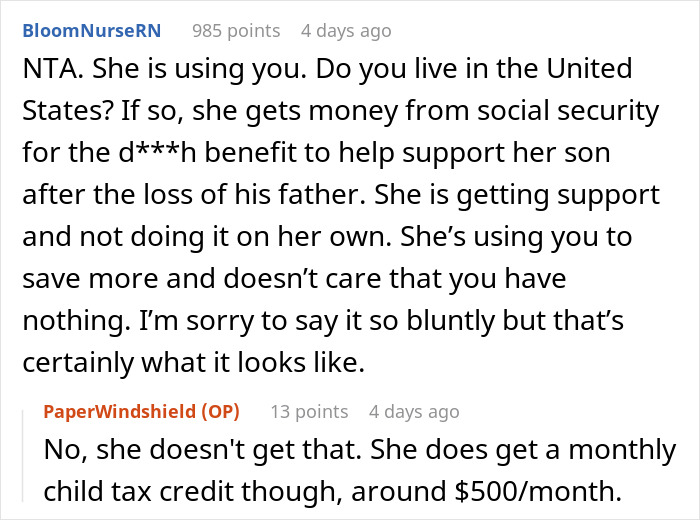 A Reddit comment section about a guy's girlfriend wanting him to split her son's sports fees. A Reddit comment section about a guy's girlfriend wanting him to split her son's sports fees.