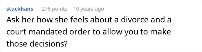 A Reddit comment asking about a divorce related to kid's education and wardrobe rights.