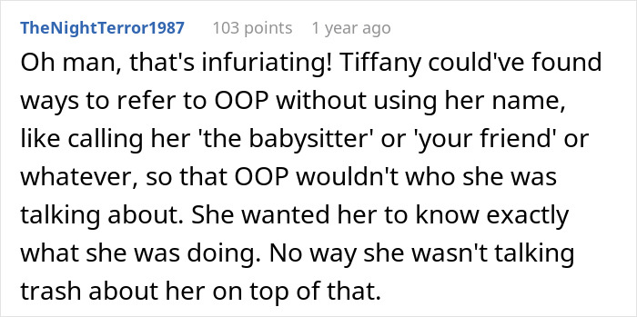 A screenshot showing a comment from TheNightTerror1987 discussing an aunt bullying a babysitter in her own language.