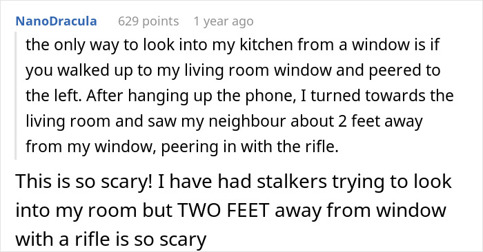 A Reddit comment detailing a terrifying encounter with a new neighbor peering through a window with a rifle, causing fear.