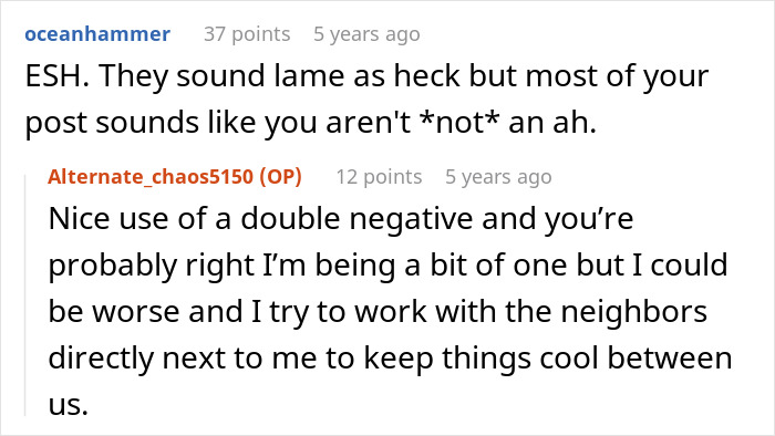 A screenshot of a Reddit comment discussion about a man who owns his home and land free of HOA rules, discussing neighbor disputes. A screenshot of a Reddit comment discussion about a man who owns his home and land free of HOA rules, discussing neighbor disputes.