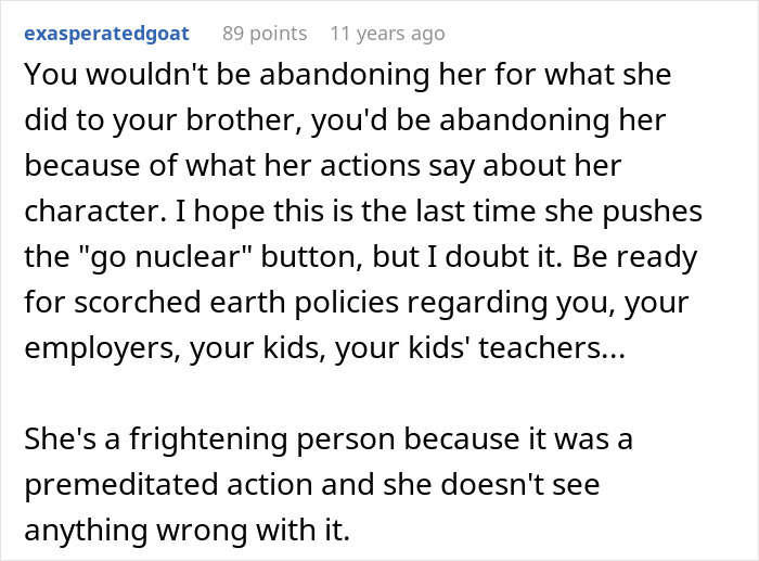 A Reddit comment discussing the severity of a wife's premeditated actions and character in a case of jealousy and deportation.