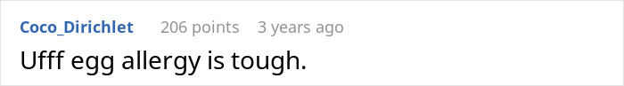 A social media comment about a son's allergy to eggs, highlighting the difficulty of living with an allergy. A social media comment about a son's allergy to eggs, highlighting the difficulty of living with an allergy.