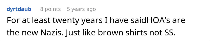 A comment about a man throwing a fit over an ambulance, comparing HOAs to Nazis and brown shirts.
