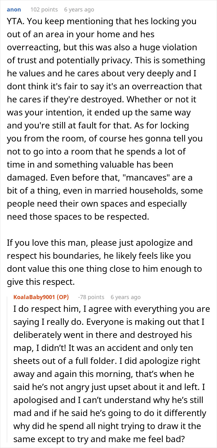 A Reddit comment section detailing a woman's disregard for a guy's house boundaries.