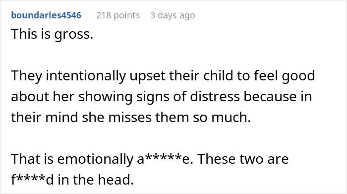A comment calling the parents gaslighting the babysitter and upsetting the crying baby gross and emotionally a*****e. A comment calling the parents gaslighting the babysitter and upsetting the crying baby gross and emotionally a*****e.