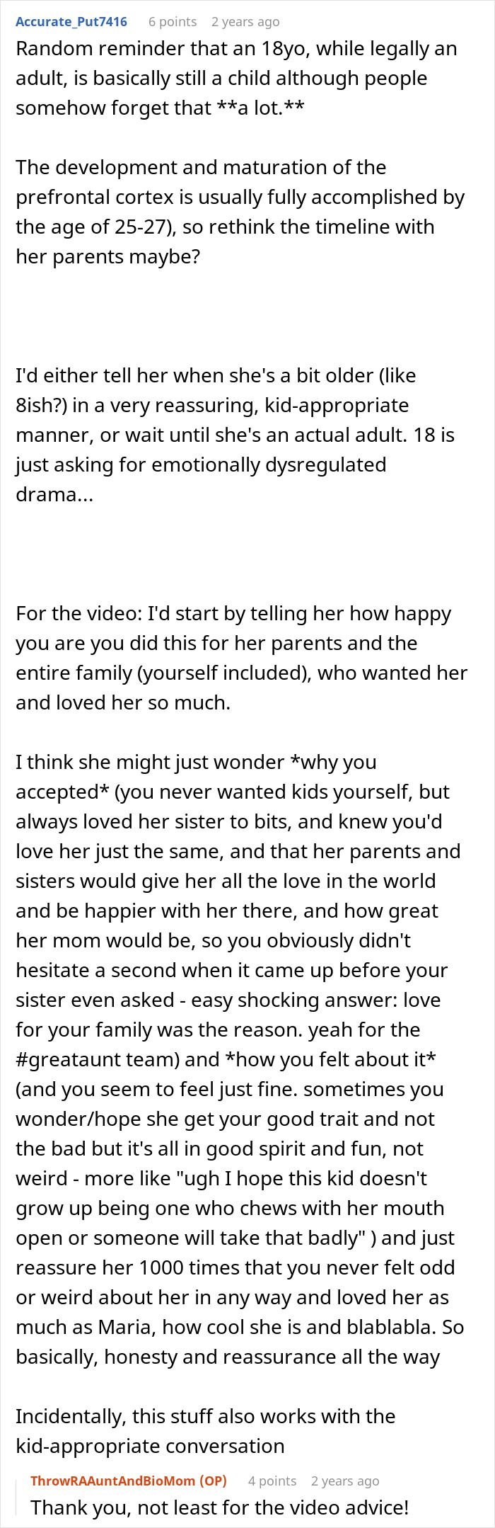A Reddit comment discussing the timeline of telling a child about the truth of a baby's conception. A Reddit comment discussing the timeline of telling a child about the truth of a baby's conception.