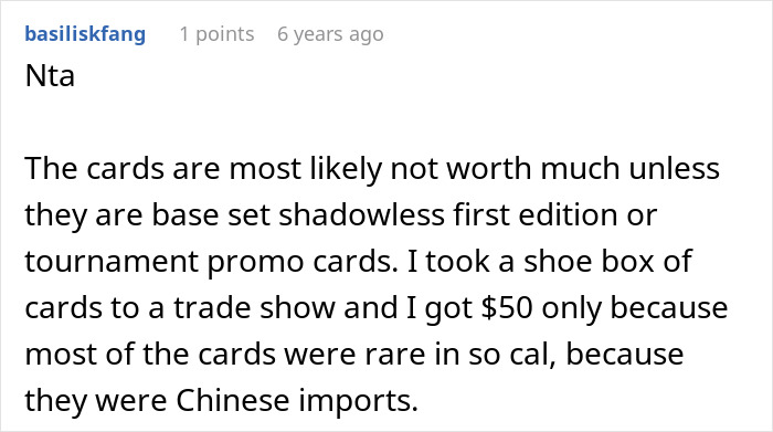 A comment about card values related to the story where Grandma accuses buying stepson's love.
