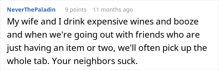 A screenshot of a Reddit comment regarding neighbors finding someone to pay their bills. A screenshot of a Reddit comment regarding neighbors finding someone to pay their bills.