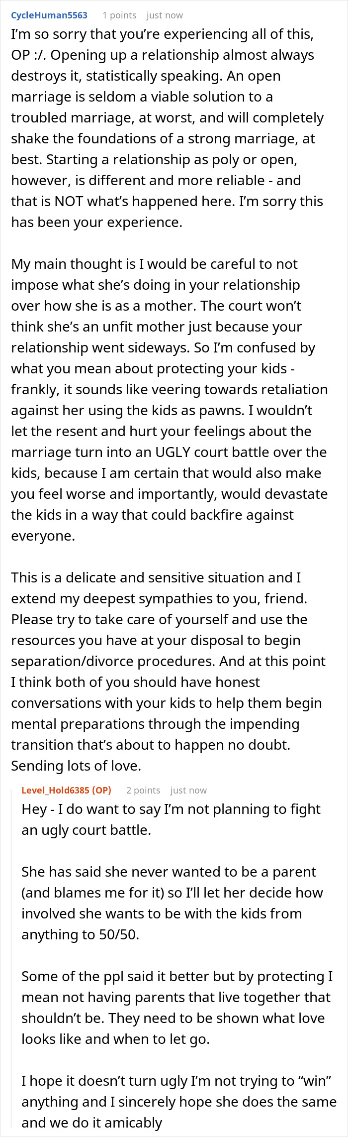A screenshot detailing advice for someone mourning their marriage, discussing open marriage pitfalls and protecting kids from an ugly court battle.