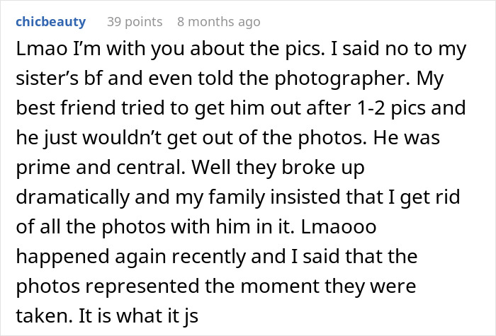 A comment recounting a Wedding Dispute over photos with an ex-boyfriend, emphasizing family insistence and memories. A comment recounting a Wedding Dispute over photos with an ex-boyfriend, emphasizing family insistence and memories.