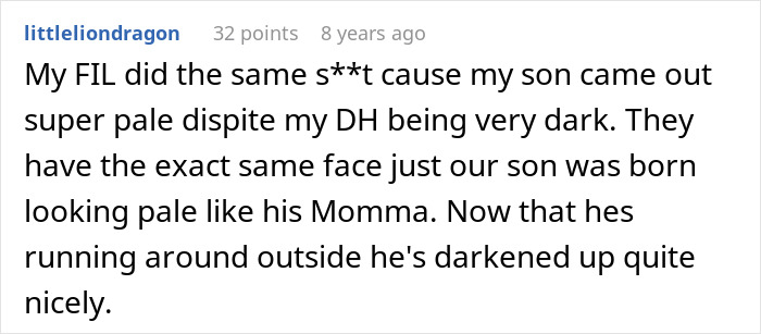 A comment shares a story about a pale baby, countering accusations about a woman giving birth.