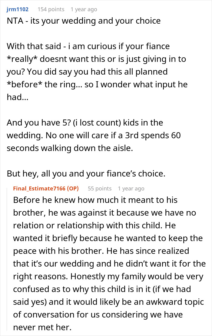 A screenshot of Reddit comments discussing a wedding dispute and the choices that tear a family apart. A screenshot of Reddit comments discussing a wedding dispute and the choices that tear a family apart.