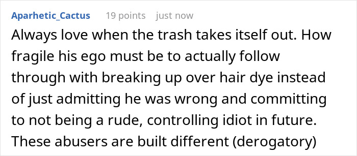 A Reddit comment discusses a boyfriend banning hair color change, leading to a breakup and red dye.