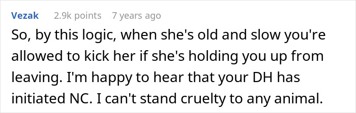 A comment about MIL demanding grandchildren and ending visits, discussing cruelty and kicking a senior dog. A comment about MIL demanding grandchildren and ending visits, discussing cruelty and kicking a senior dog.