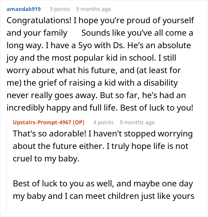 A comment from a mom with a 5-year-old having Down Syndrome, sharing pride and the journey.
