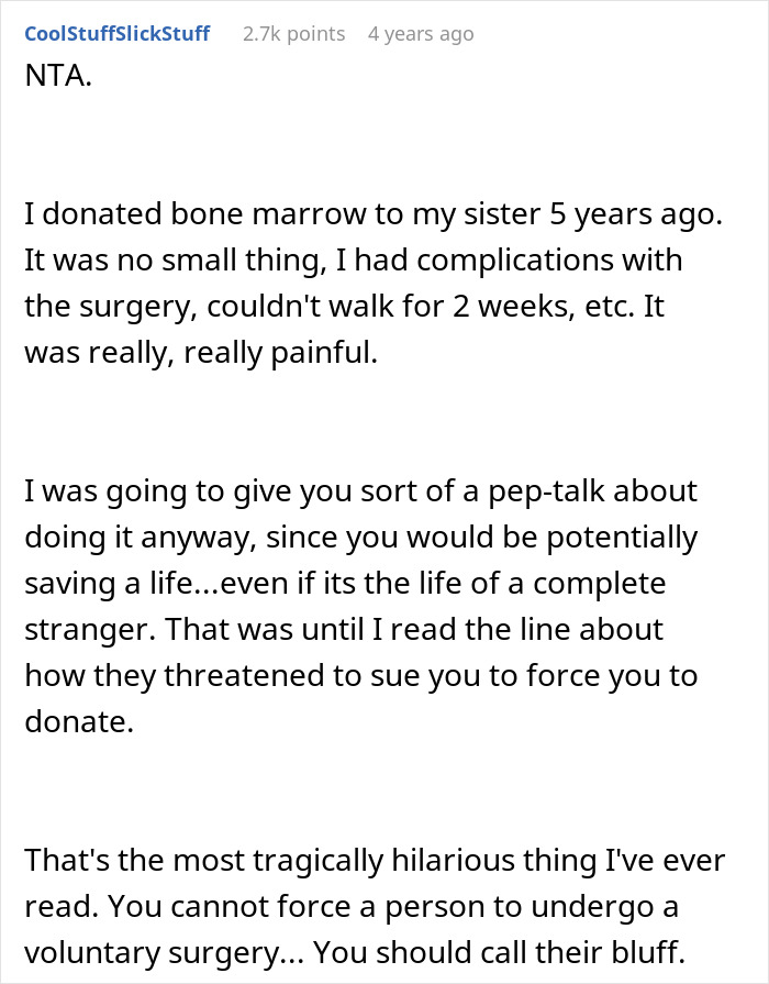 A screenshot of a Reddit comment supporting an adopted teen against birth parents sudden demand for bone marrow donation. A screenshot of a Reddit comment supporting an adopted teen against birth parents sudden demand for bone marrow donation.