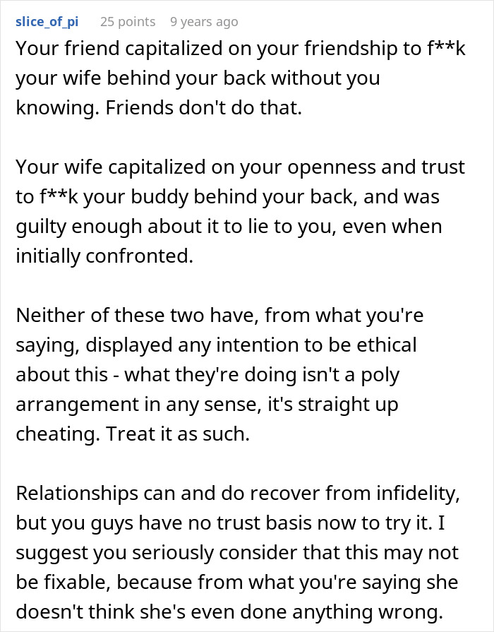 A close-up of a forum comment calling out a poly wife's secret relationship and betrayal of trust. A close-up of a forum comment calling out a poly wife's secret relationship and betrayal of trust.