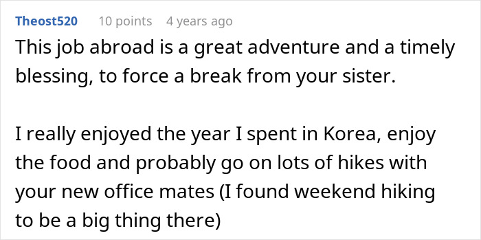 A comment about a woman who adopts sister's baby, suggesting a job abroad is a break from the sister. A comment about a woman who adopts sister's baby, suggesting a job abroad is a break from the sister.