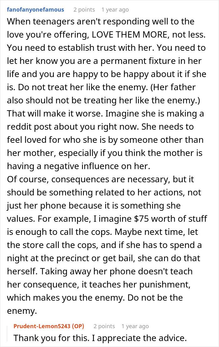 A Reddit comment providing advice on how to handle a husband's kid with drama, suggesting love and natural consequences. A Reddit comment providing advice on how to handle a husband's kid with drama, suggesting love and natural consequences.