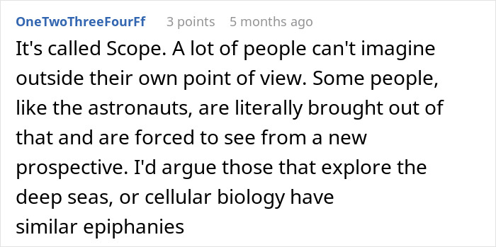 A Reddit comment about how astronauts gain a new perspective, realizing the unbelievable life on Earth.