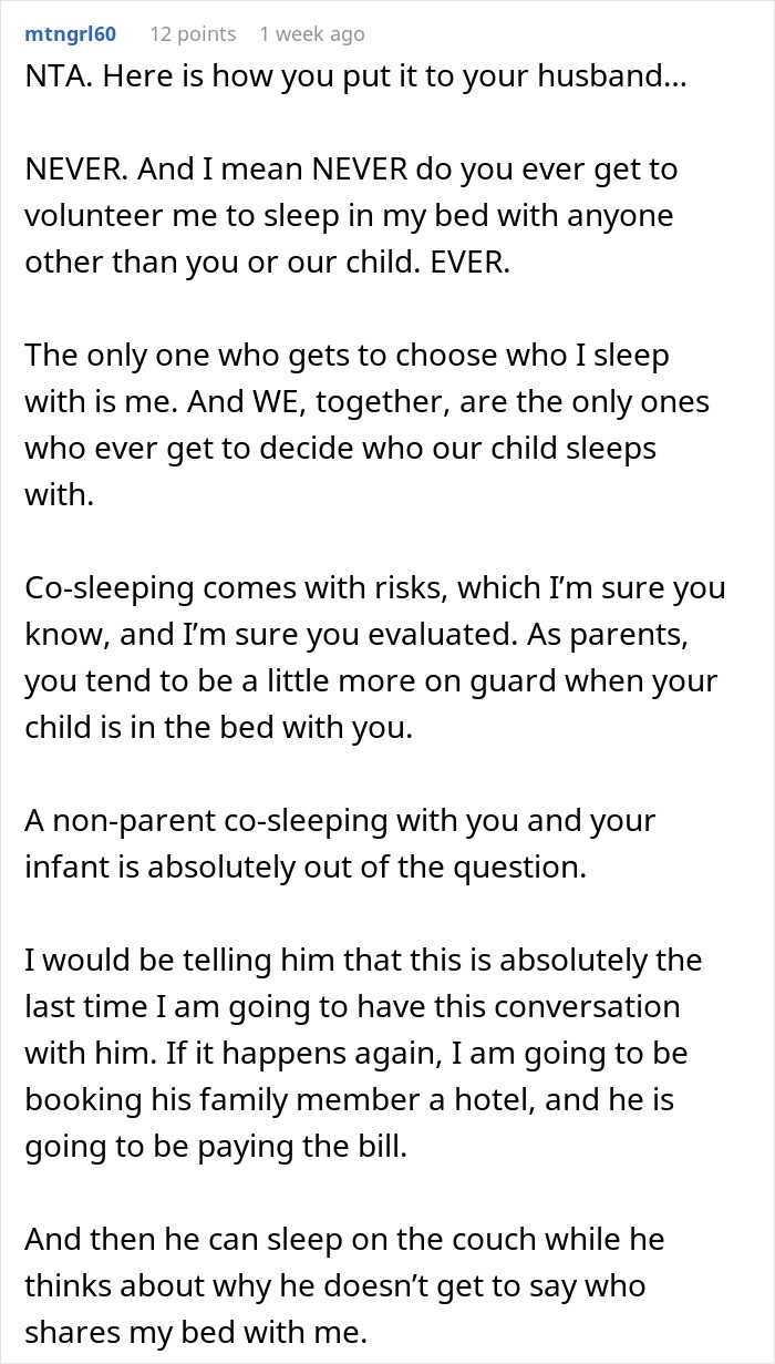 A screenshot of a Reddit post about a wife confronting in-laws and defending her marital bed from bad decision making.