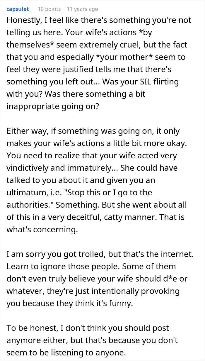 A detailed comment analyzing the wife's jealousy, police call, and the resulting deportation, suggesting hidden context.