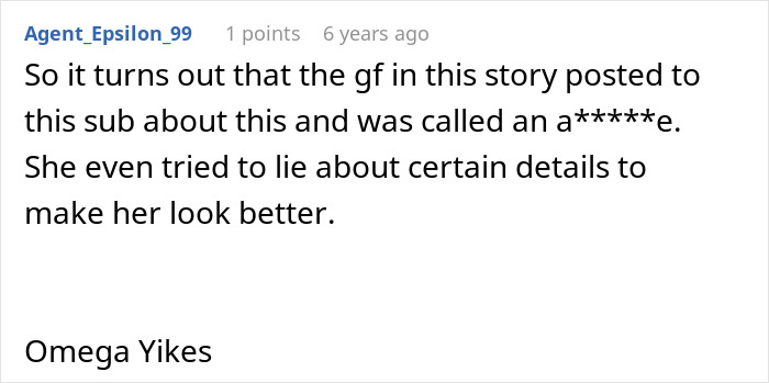 A screenshot of a Reddit comment about the woman's boundaries dispute, revealing she was called an a*****e for lying.