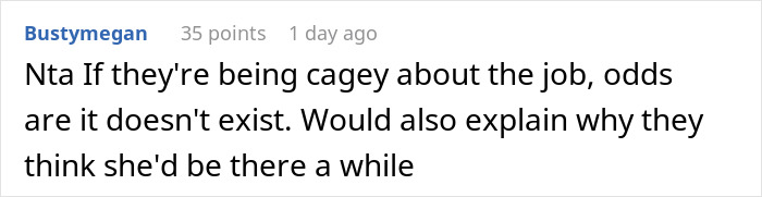 A Reddit comment asserting that if the family is cagey about the 25YO niece's job, it likely doesn't exist, explaining their intent to house her. A Reddit comment asserting that if the family is cagey about the 25YO niece's job, it likely doesn't exist, explaining their intent to house her.