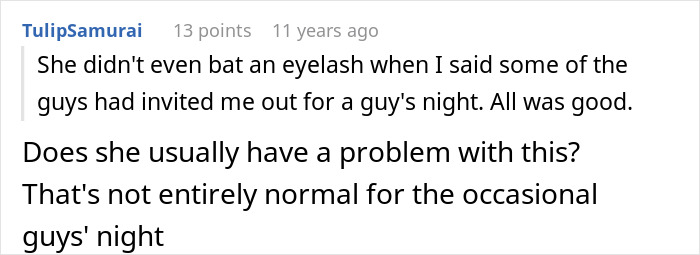 A comment asking if the wife's jealousy is normal when the husband goes out with friends.