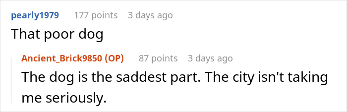 A screenshot of a comment expressing sadness for a dog affected by a squatter and the city's inaction. A screenshot of a comment expressing sadness for a dog affected by a squatter and the city's inaction.
