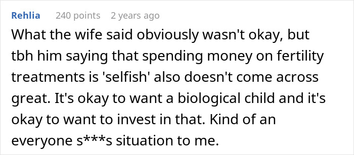 A comment about a man questioning his marriage after his wife's shocking beliefs about conceiving children.