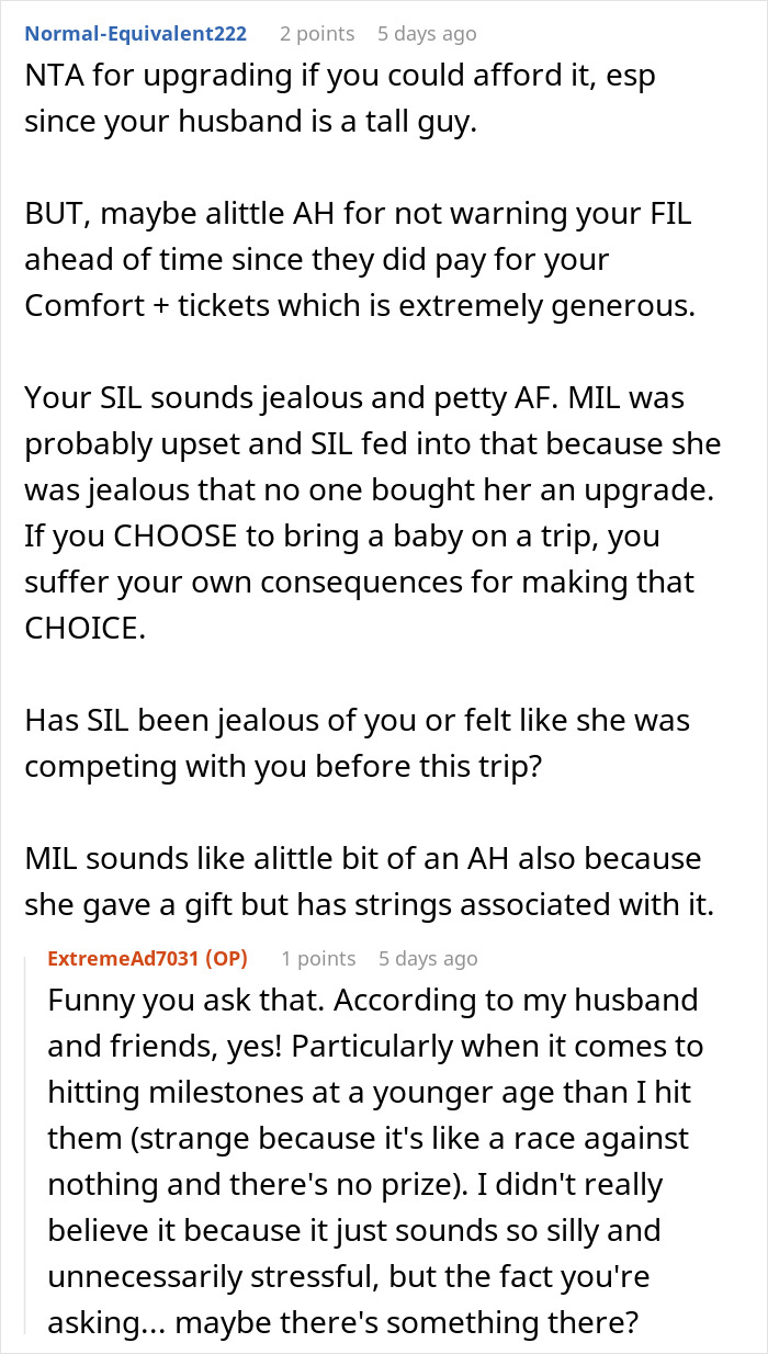 A Reddit post with comments about a family trip and flight tickets, discussing upgrading flight tickets. A Reddit post with comments about a family trip and flight tickets, discussing upgrading flight tickets.