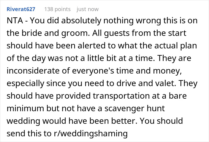A Reddit comment criticizing a 4-venue wedding plan, stating guests should have been alerted to the plan beforehand.