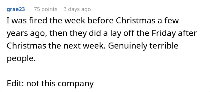 A social media comment about a user who was fired before Christmas, relating to the CEO who fired 900 workers.