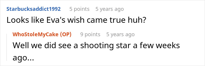 Comment on Eva's wish coming true after the mom develops vitiligo, with OP's playful reply.