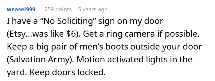 Influencer shares home security tips: No Soliciting sign, camera, men's boots, motion lights, and locked doors for women's safety. Influencer shares home security tips: No Soliciting sign, camera, men's boots, motion lights, and locked doors for women's safety.