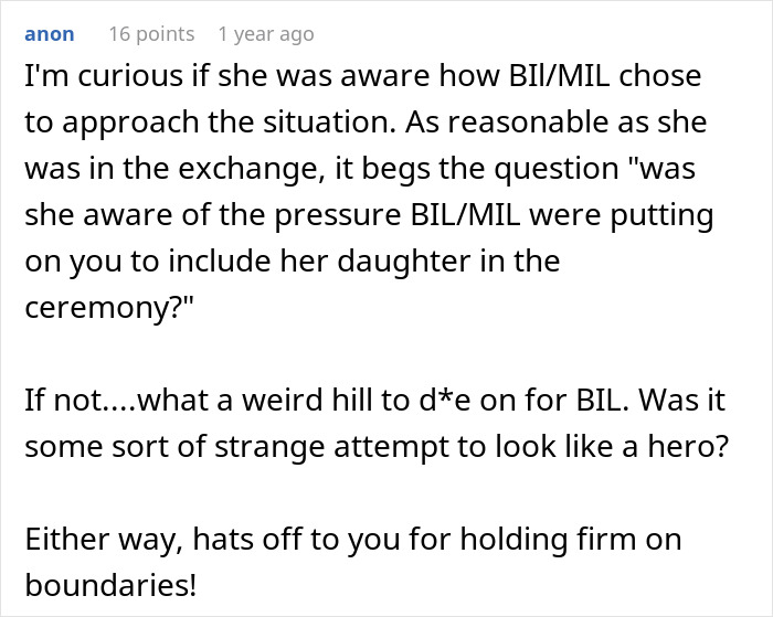 A Reddit comment questioning awareness of in-laws pressure in a wedding dispute over ceremony involvement. A Reddit comment questioning awareness of in-laws pressure in a wedding dispute over ceremony involvement.