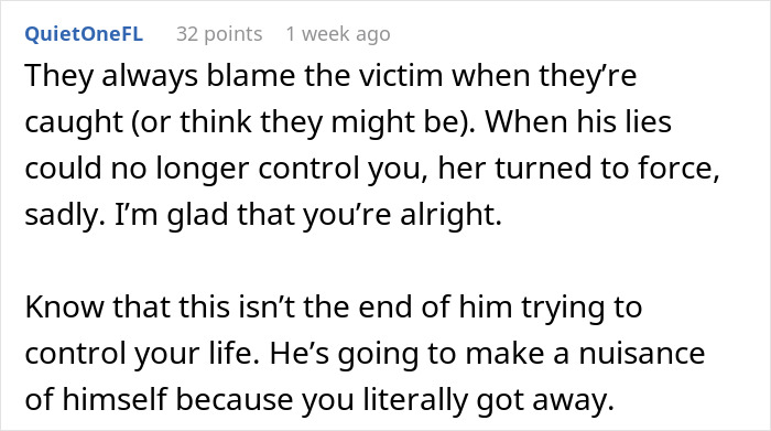 A Reddit comment from QuietOneFL discussing the husband blaming the victim after the horrible miscommunication.