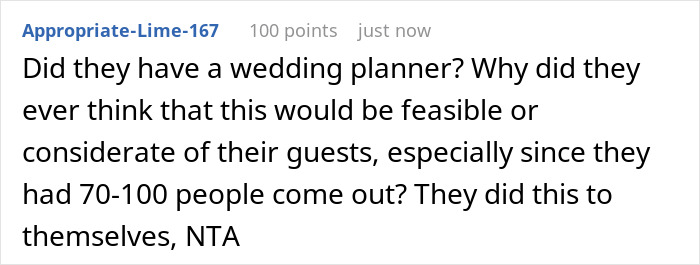 A Reddit comment discussing a 4-venue wedding, questioning if a wedding planner was involved and the feasibility for guests.