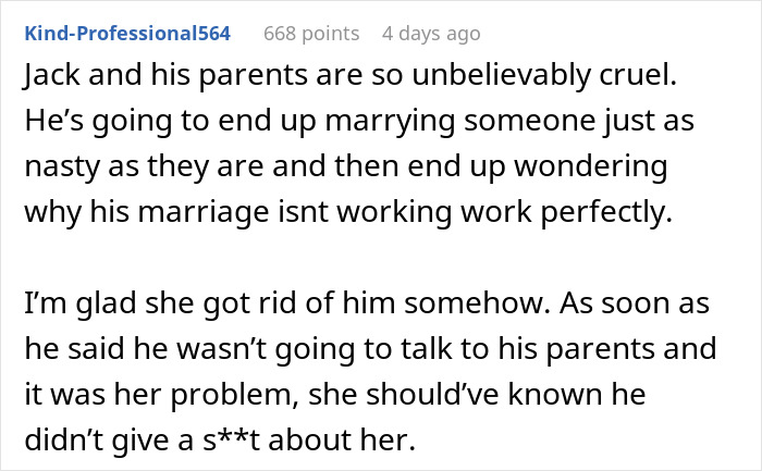 A comment detailing the cruel plan of a boyfriend's family, impacting a woman's dream. A comment detailing the cruel plan of a boyfriend's family, impacting a woman's dream.