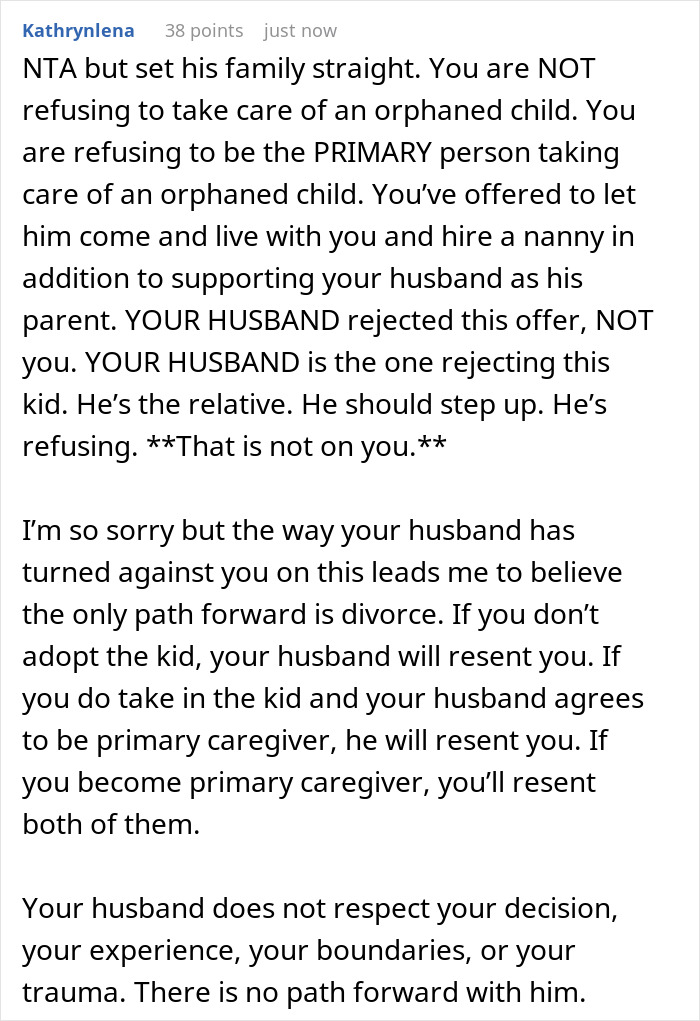 A screenshot of a comment from a user named Kathrynlena explaining a wife's refusal to be primary caregiver for an orphaned nephew. A screenshot of a comment from a user named Kathrynlena explaining a wife's refusal to be primary caregiver for an orphaned nephew.
