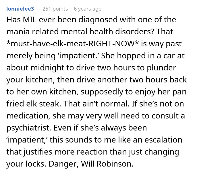 A comment about a hunter's mom wanting her share of meat, suggesting mental health concerns. A comment about a hunter's mom wanting her share of meat, suggesting mental health concerns.