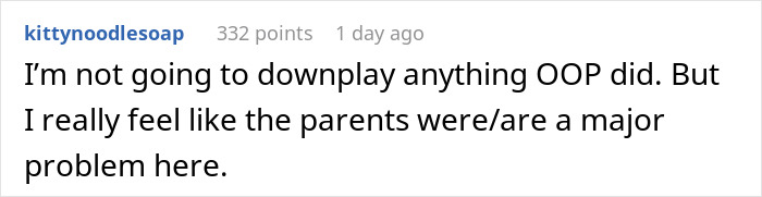 A screenshot of a Reddit comment discussing a violent fight with sister as a teen and its family consequences.