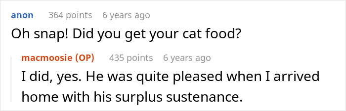 Reddit comment exchange about getting cat food, relating to the shopper's weapon threat incident.