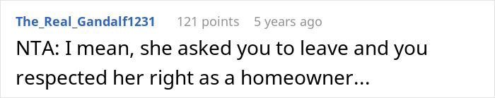 A concise Reddit comment supporting the user for respecting the homeowner's request to leave a party.